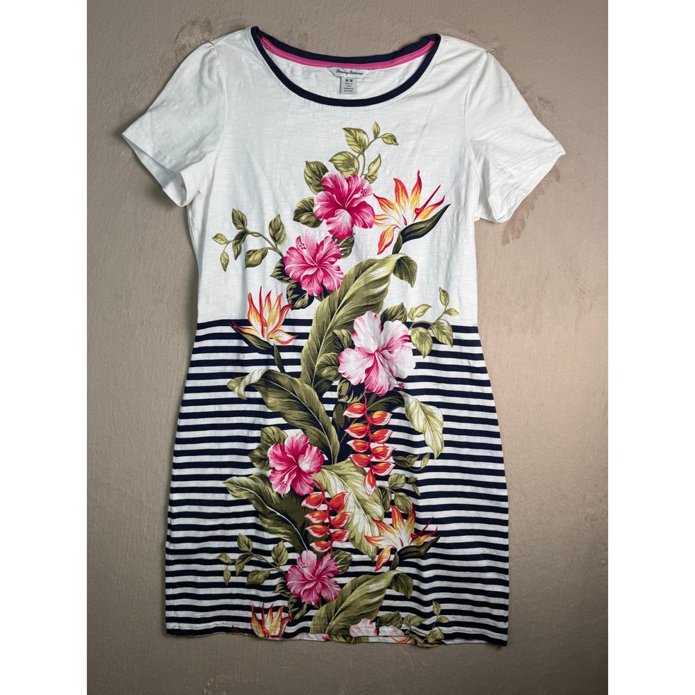 Tommy Bahama Kahuna Cotton Floral Stripe T-Shirt Dress Womens M White Navy